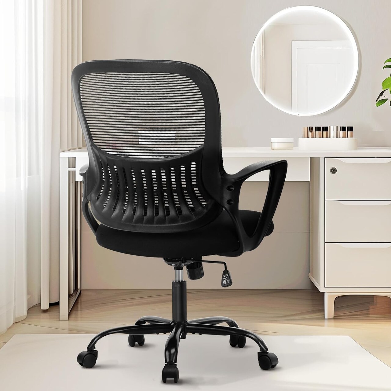 Office Computer Desk Managerial Executive Chair, Ergonomic Mid-Back Mesh Rolling Work Swivel Chairs with Wheels, Comfortable Lumbar Support, Comfy Arms for Home,Bedroom,Study,Student,Black